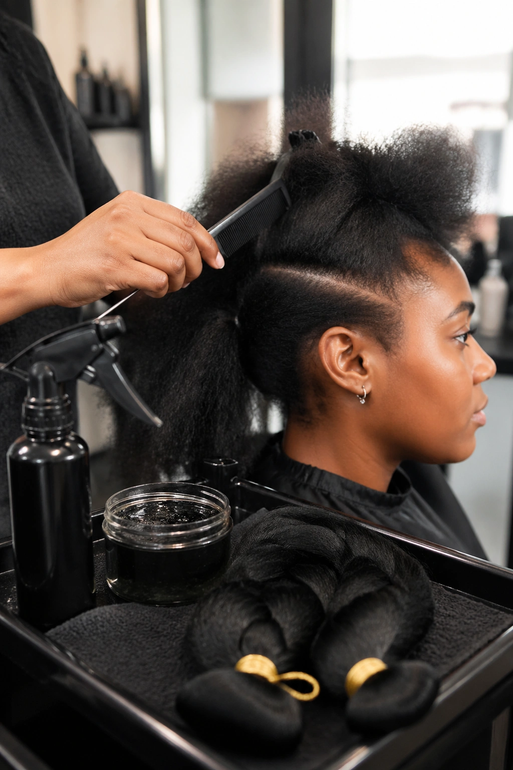 Close-up of essential feed-in tools beside a real client's head in a bright salon