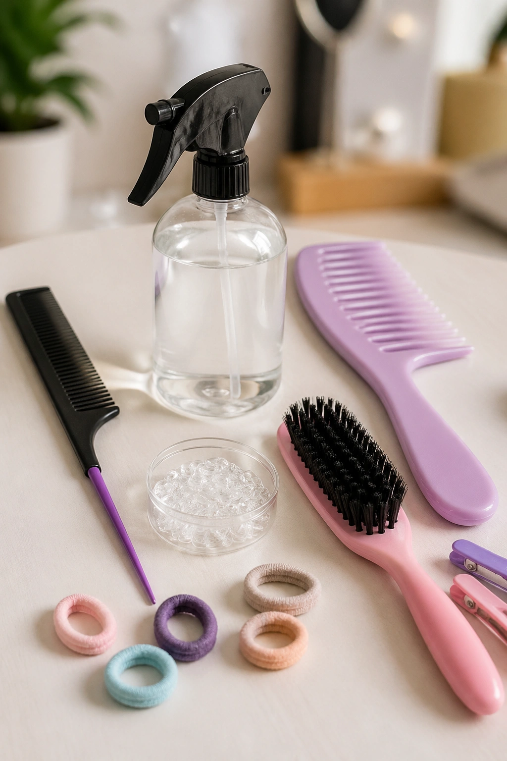 Close-up of hair braiding tools for kids arranged on a table.
