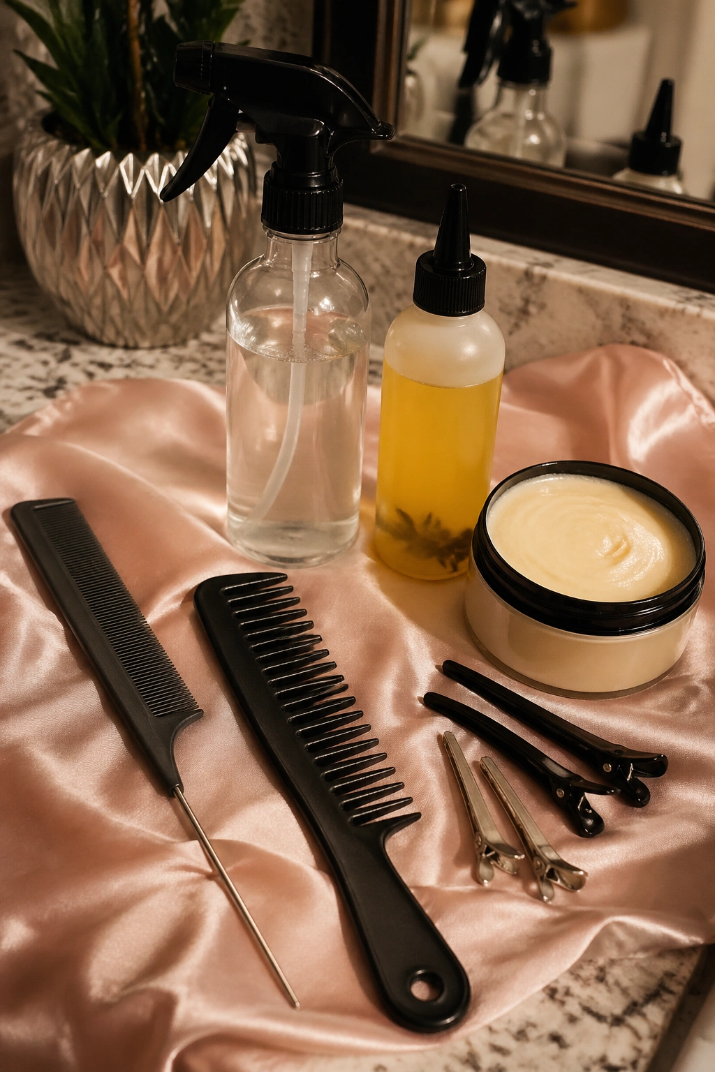 Close-up of essential braiding tools including combs, spray bottle, edge gel, oils.
