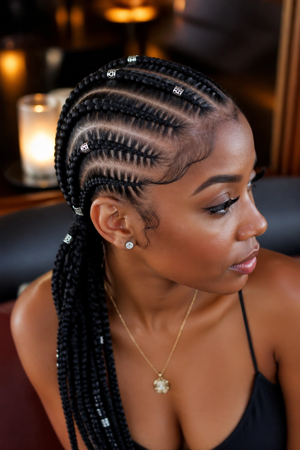 Close-up portrait of a real woman with five straight back braids and metal cuffs