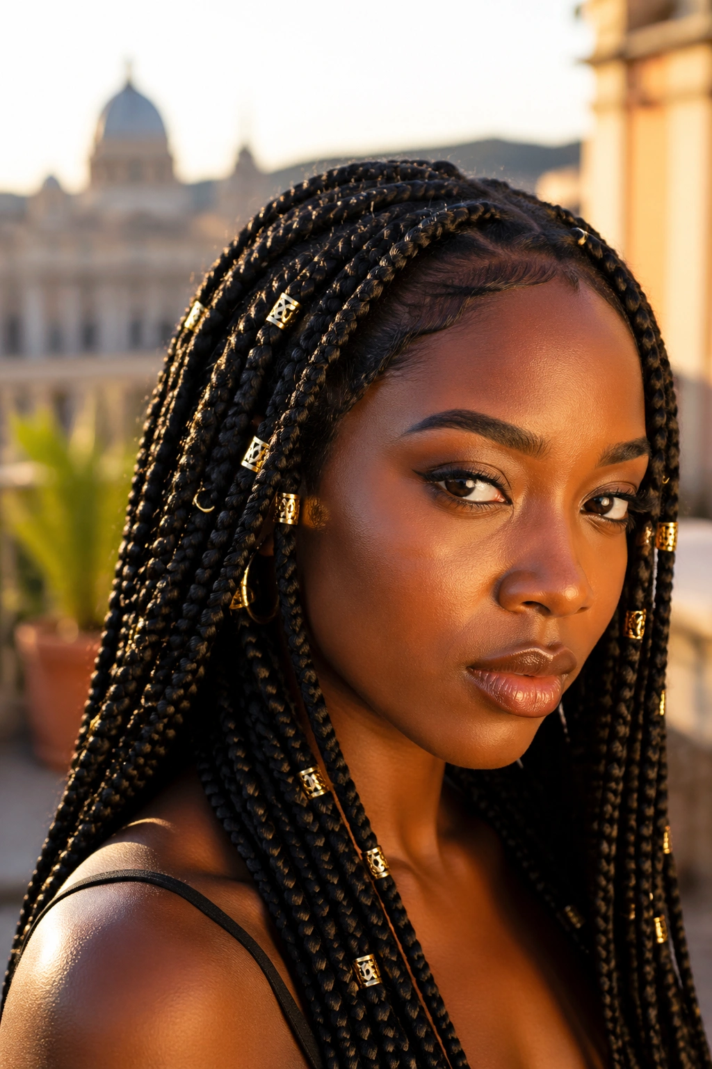Real person with box braids and gold cuffs close-up portrait