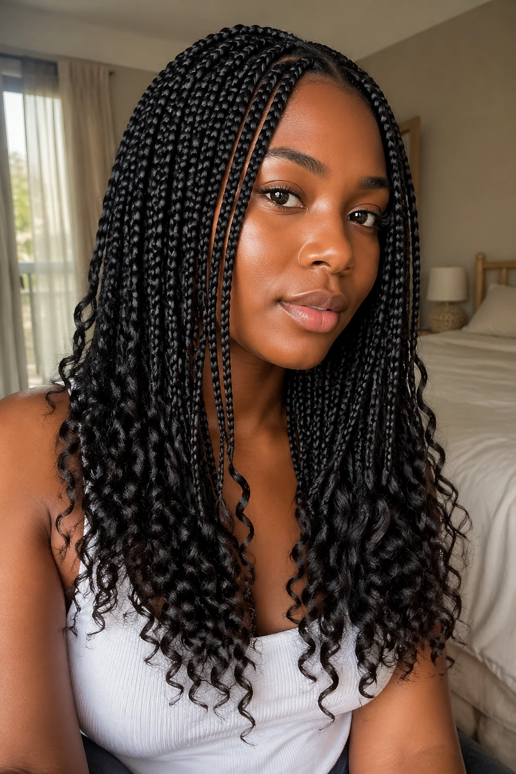 Close-up of box braids ending in curls on a real woman