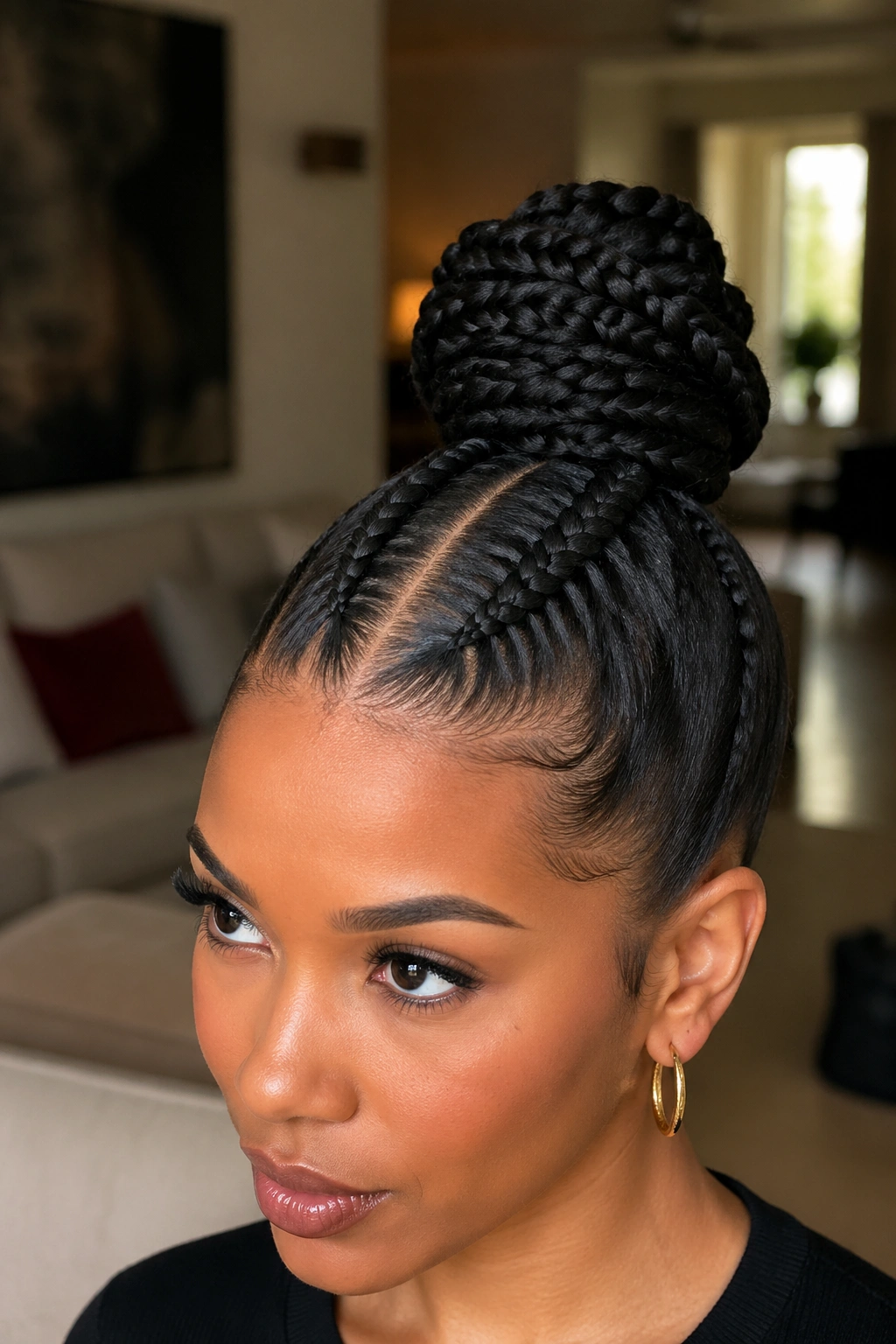 Two-braid ponytail ending in a high bun on a real person