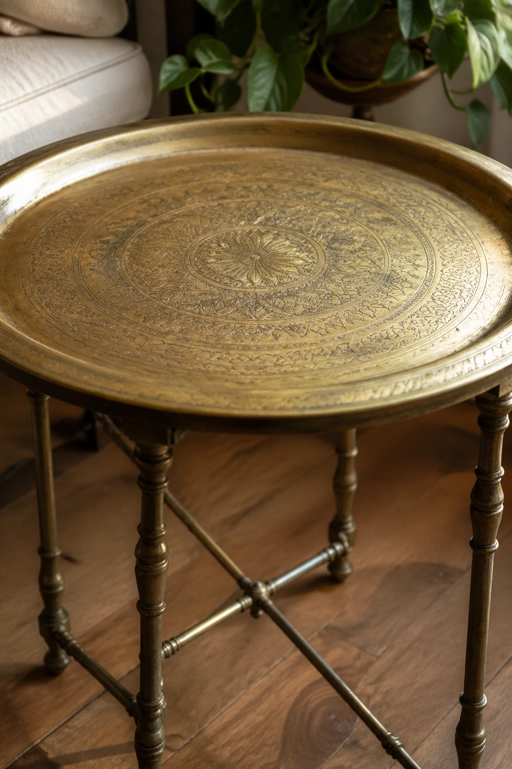 Close-up of brass tray table with patina on a living room surface