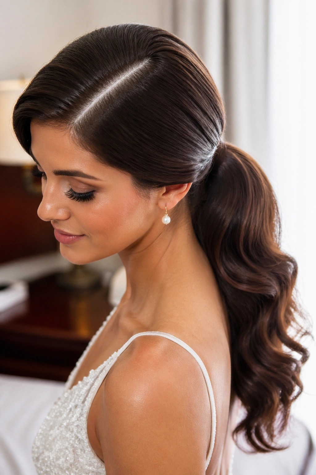 Portrait of glam ponytail with deep side part on a real woman