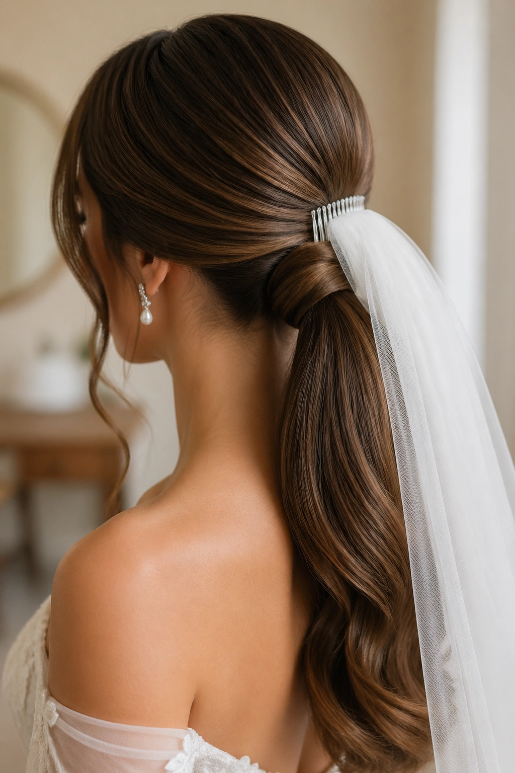 Close-up of bridal ponytail with veil-friendly base on a real bride