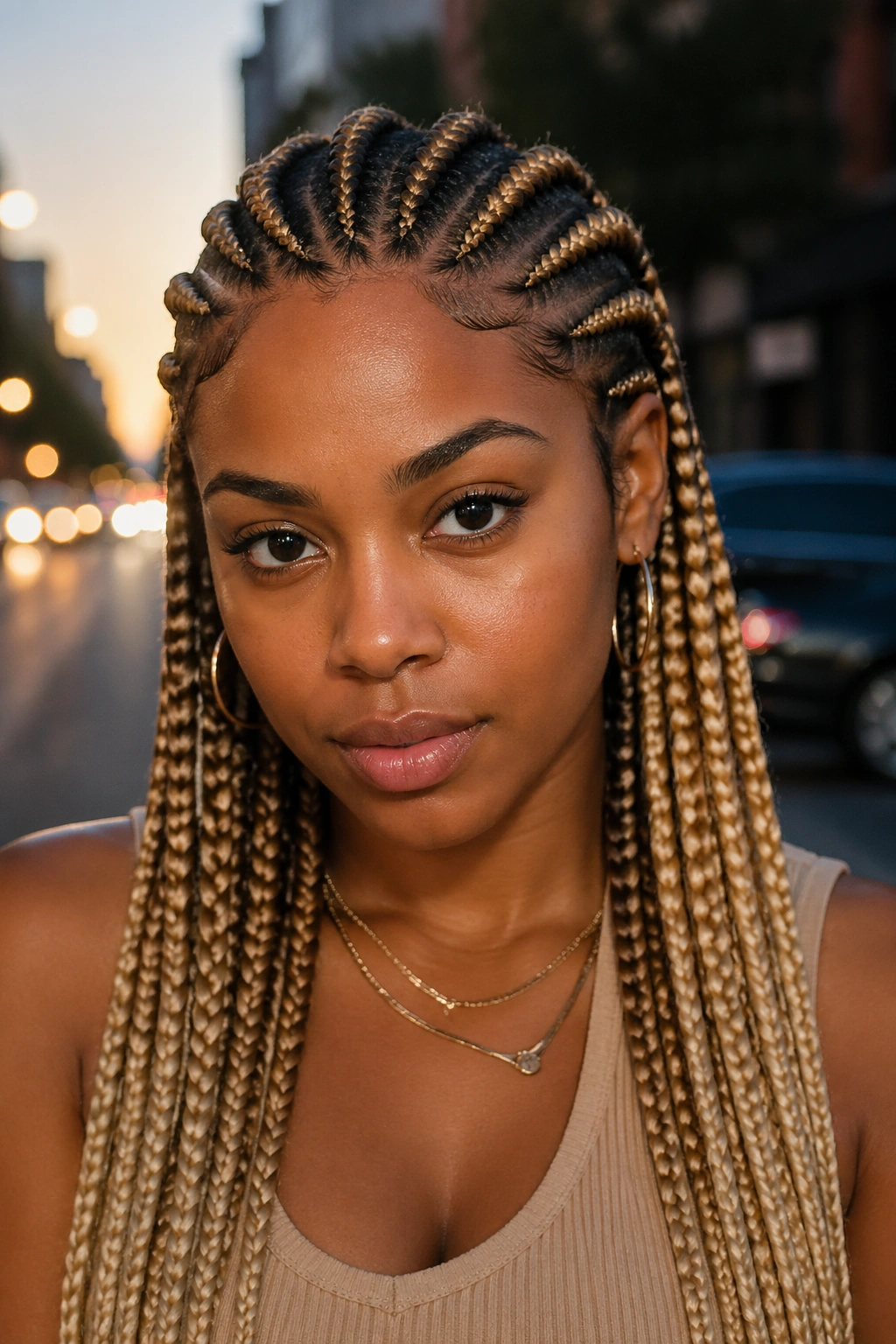 Close-up of a real person with bronze-to-champagne cornrows