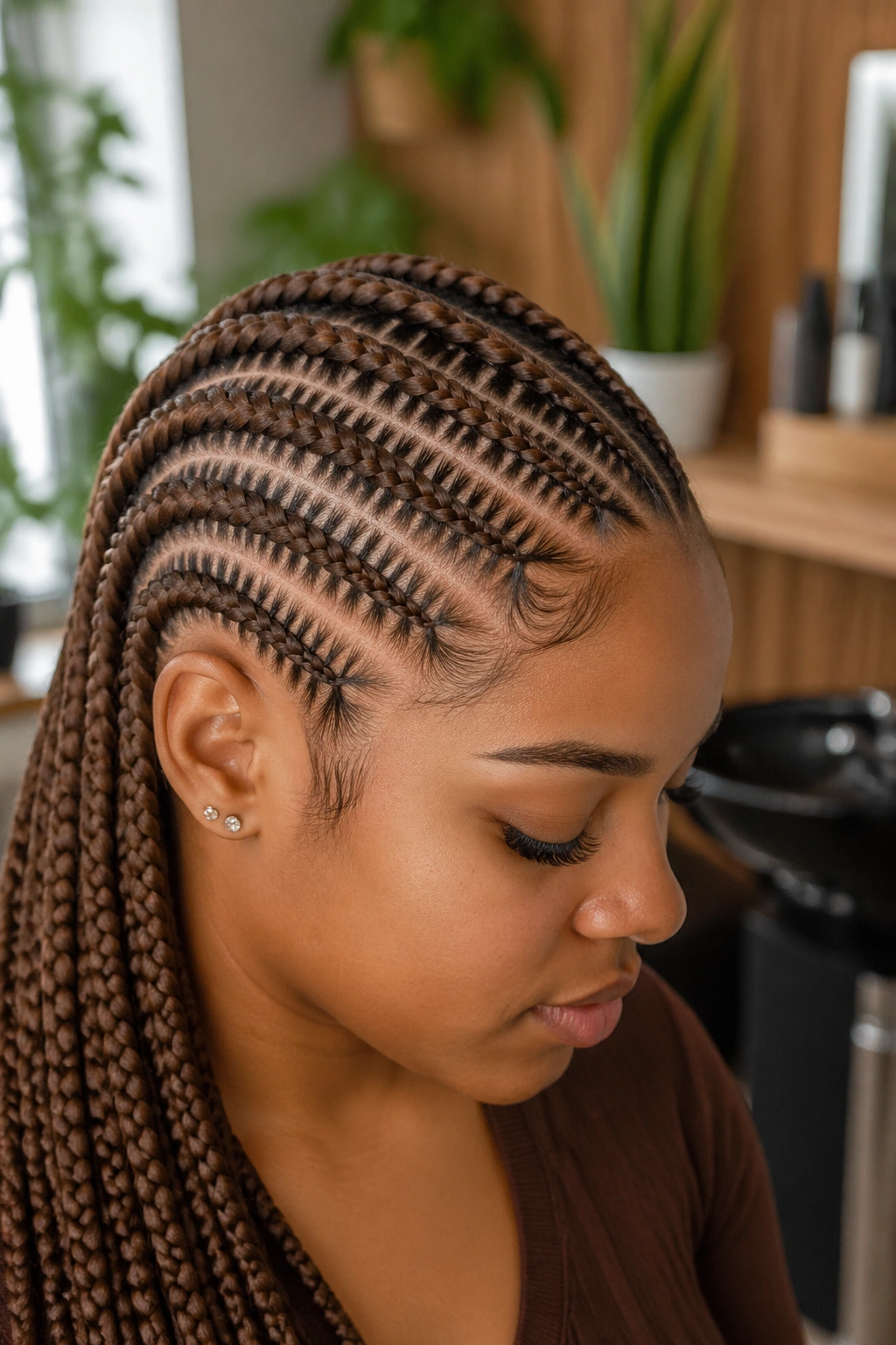 Close-up of brown stitch cornrows on a real person, showing depth and stitch lines