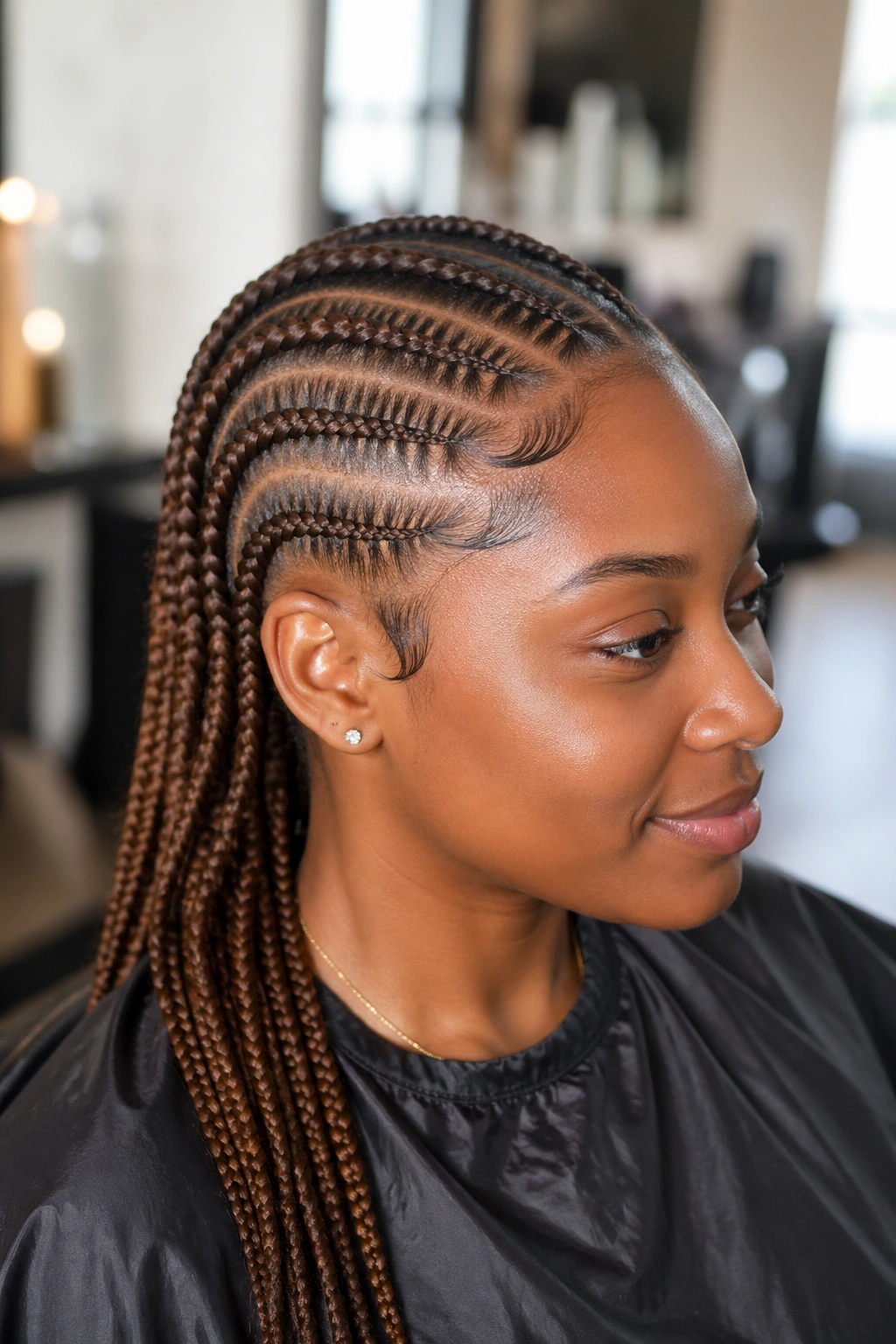 Real person with brown stitch cornrows using premium brown kanekalon in a salon