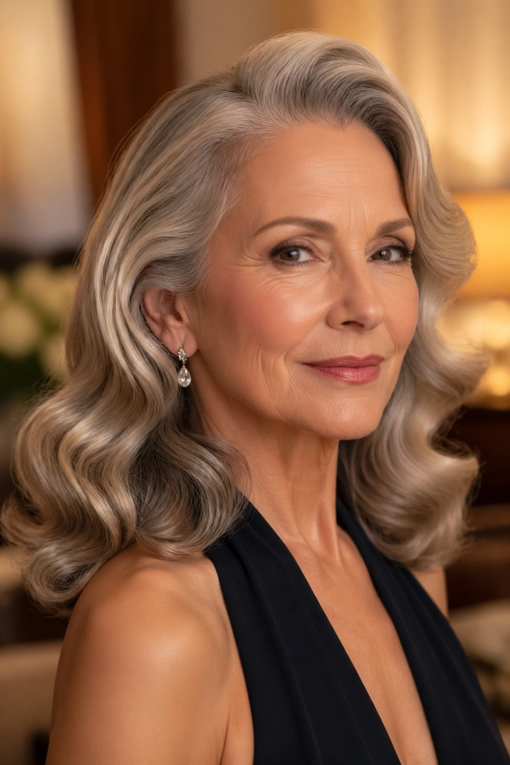 Close-up of a real woman with brushed-out glamour waves and shine