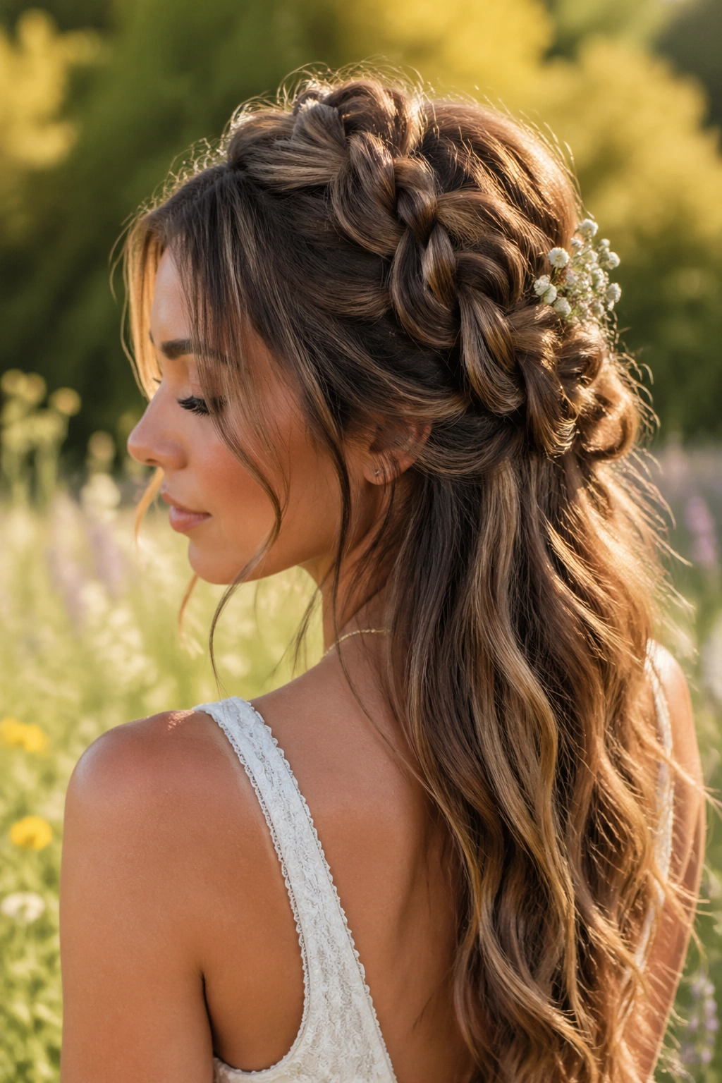 Portrait of a real woman with a bubble braid against a sunny outdoor background.