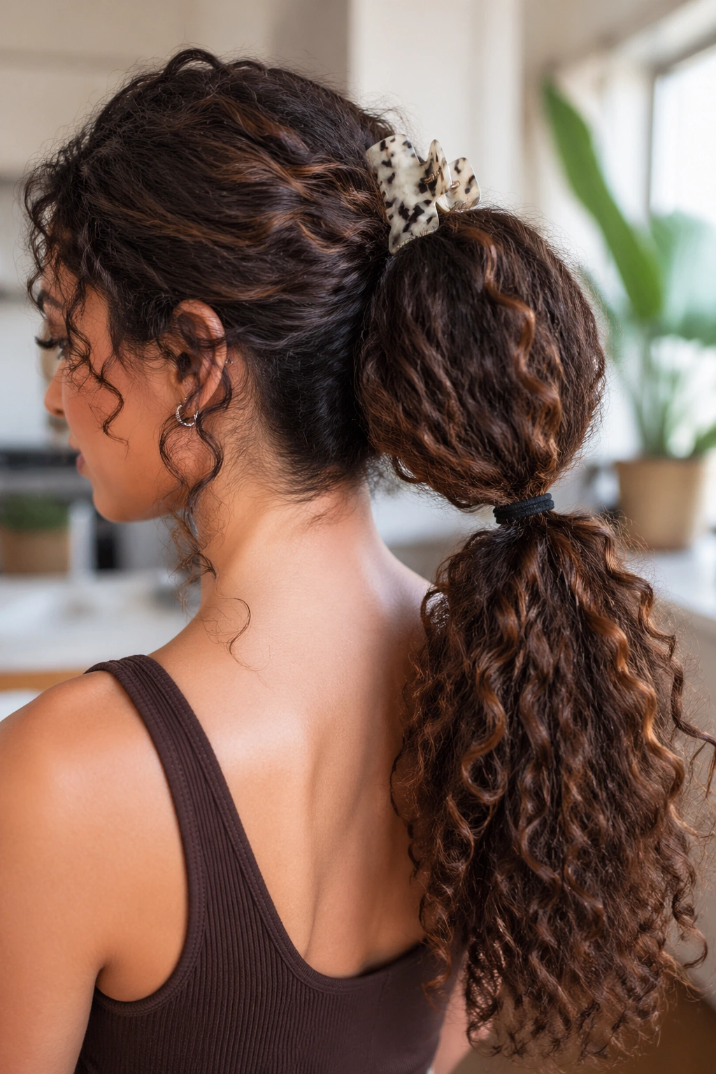 Close-up of a real woman with a bubble-effect claw clip ponytail