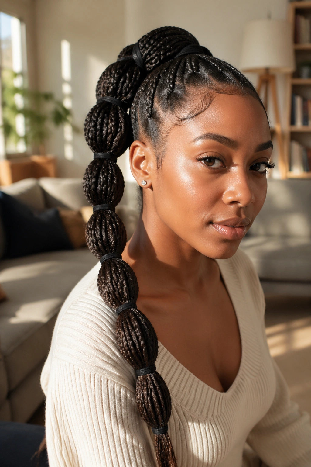 Close-up of a real woman with a bubble-length ponytail on box braids with visible elastics.