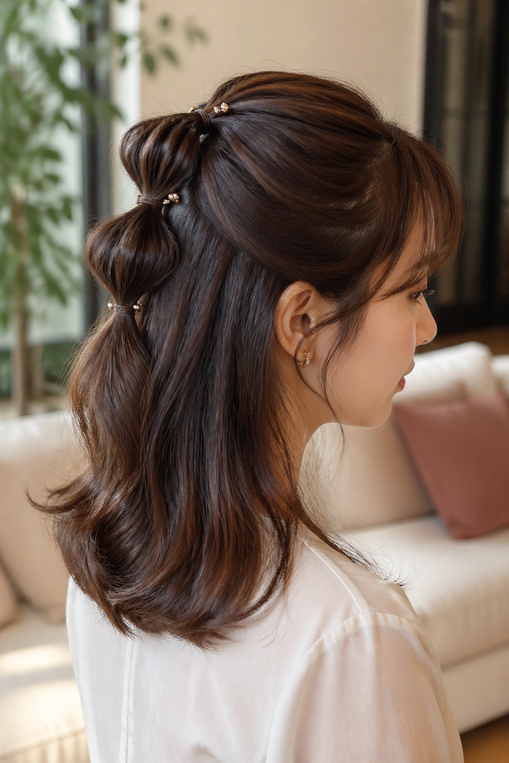 Close-up of a real woman with a bubble-pinned medium-length half ponytail