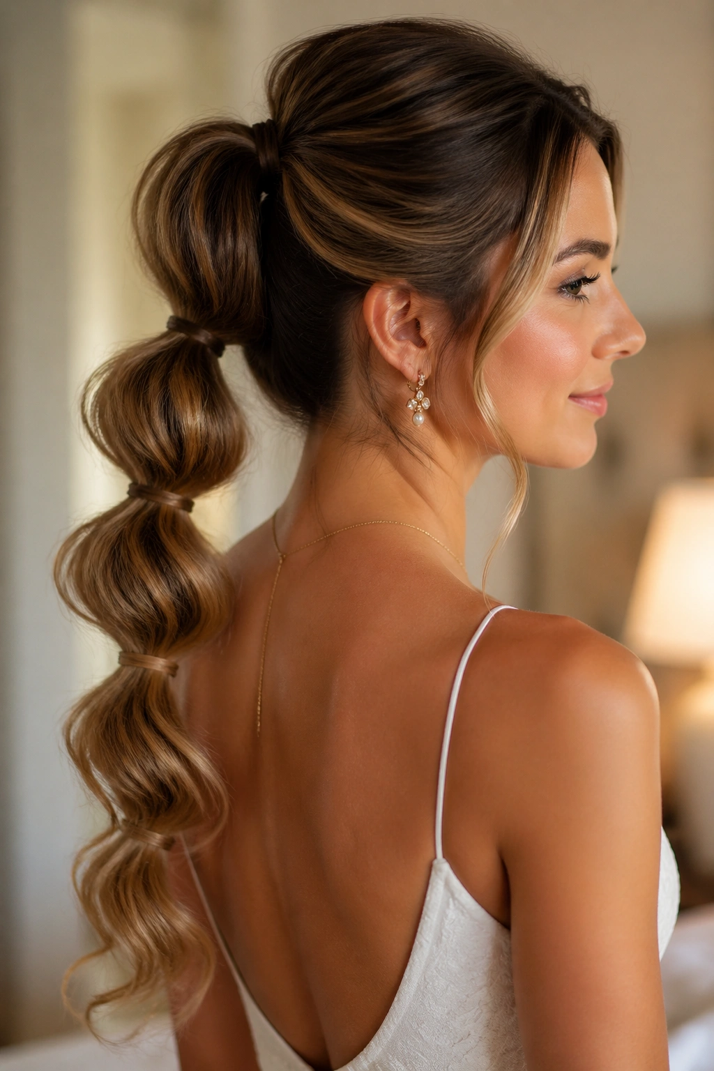 Close-up of a real bride with a bubble wavy ponytail featuring soft, even sections.