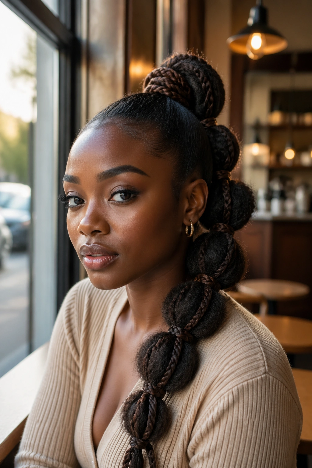 Close-up of a real Black woman wearing a bubble ponytail with chunky twists, in a sunlit cafe