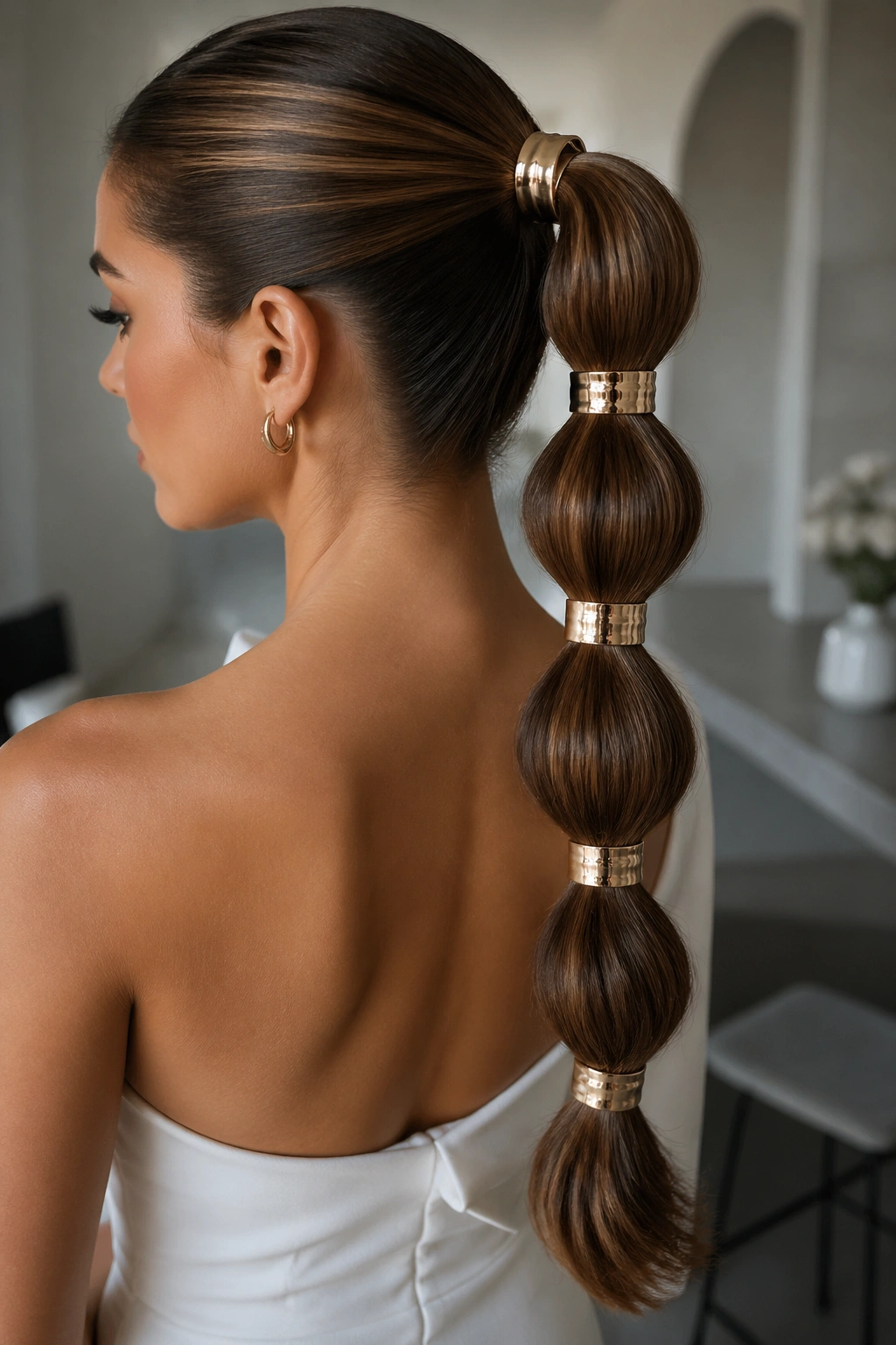 Close-up of bubble ponytail with metallic cuffs on a real person