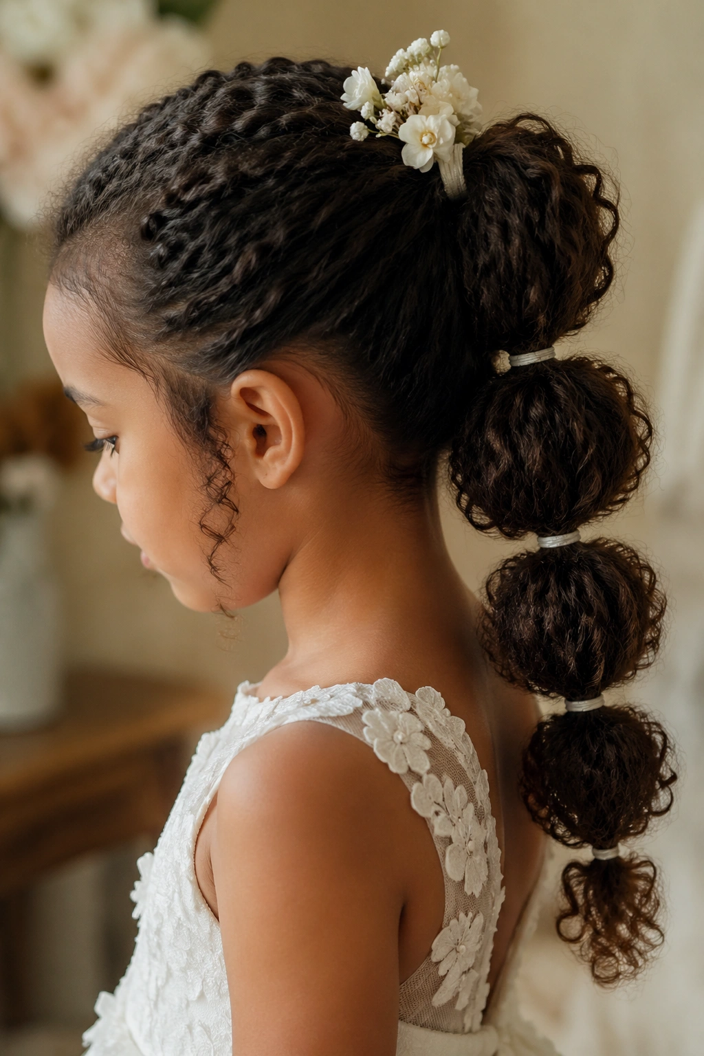 Close-up of a child with a bubble ponytail showing rounded curl bubbles