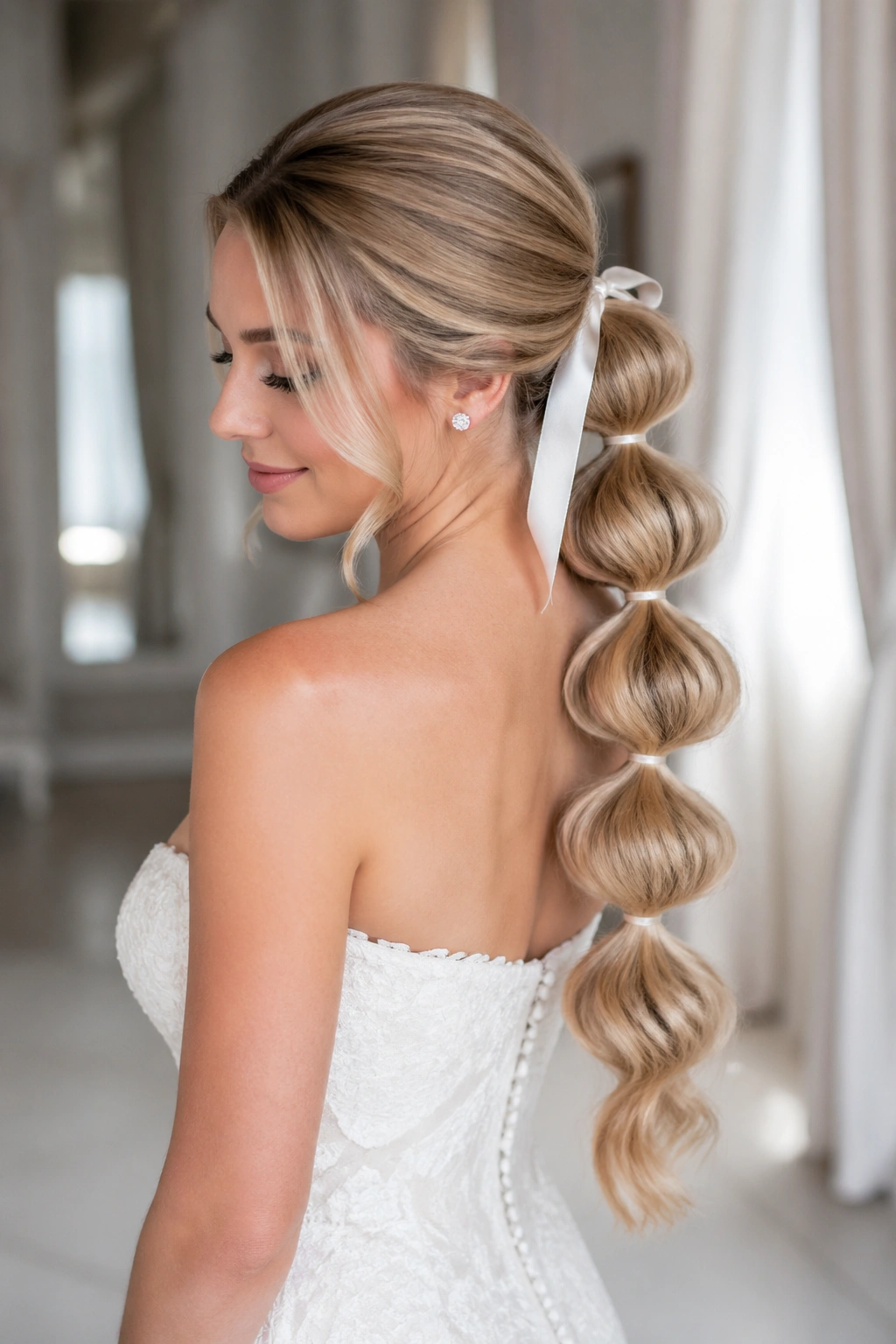 Close up of a real bride with Bubble Ponytail and Satin Ribbon showing segmented bubbly sections