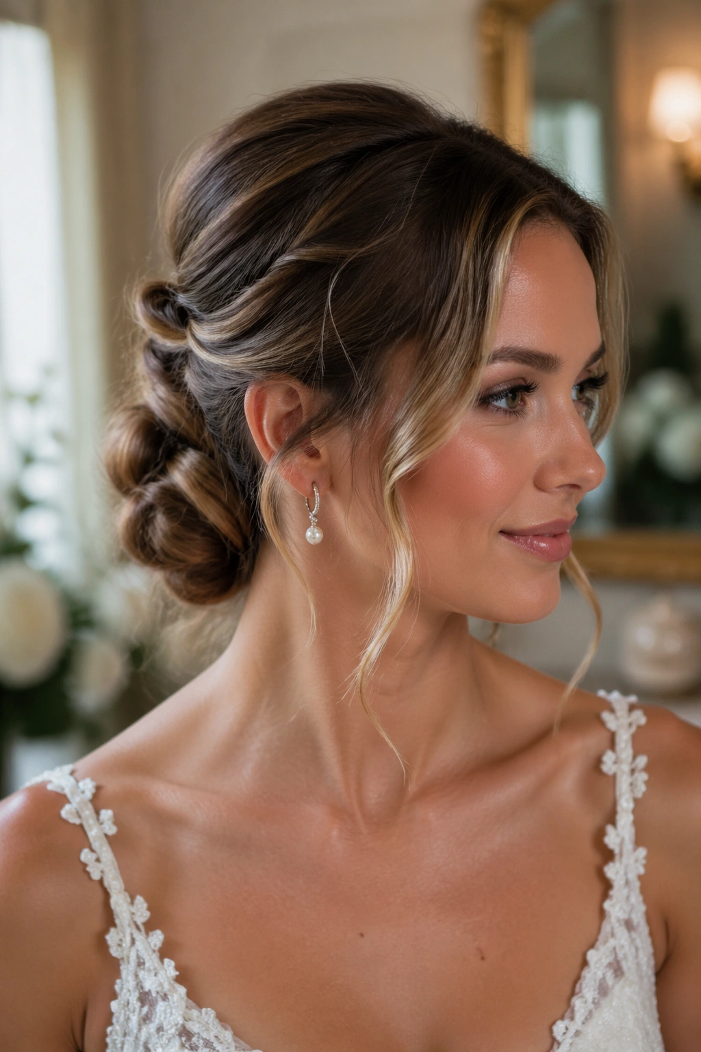 Close-up of a real bride with a bubble ponytail rolled into a low updo and soft face framing waves.