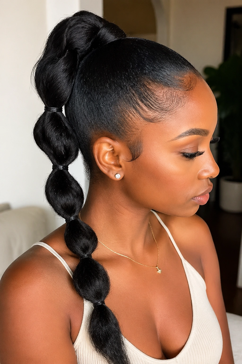 Close-up of a real woman with bubble twist ponytail segments
