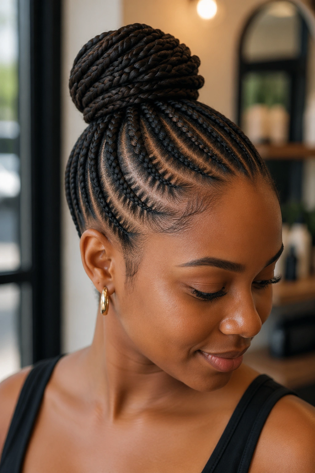 Close-up of a real woman with a sculpted cornrow bun at the crown