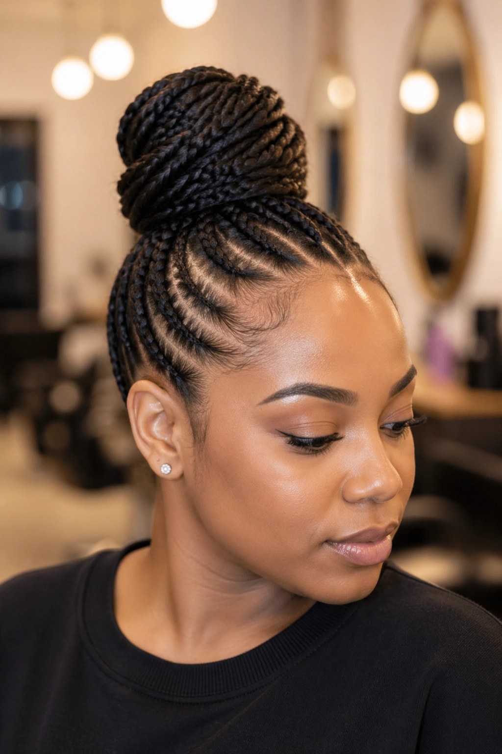 Portrait showing a medium-sized cornrow bun