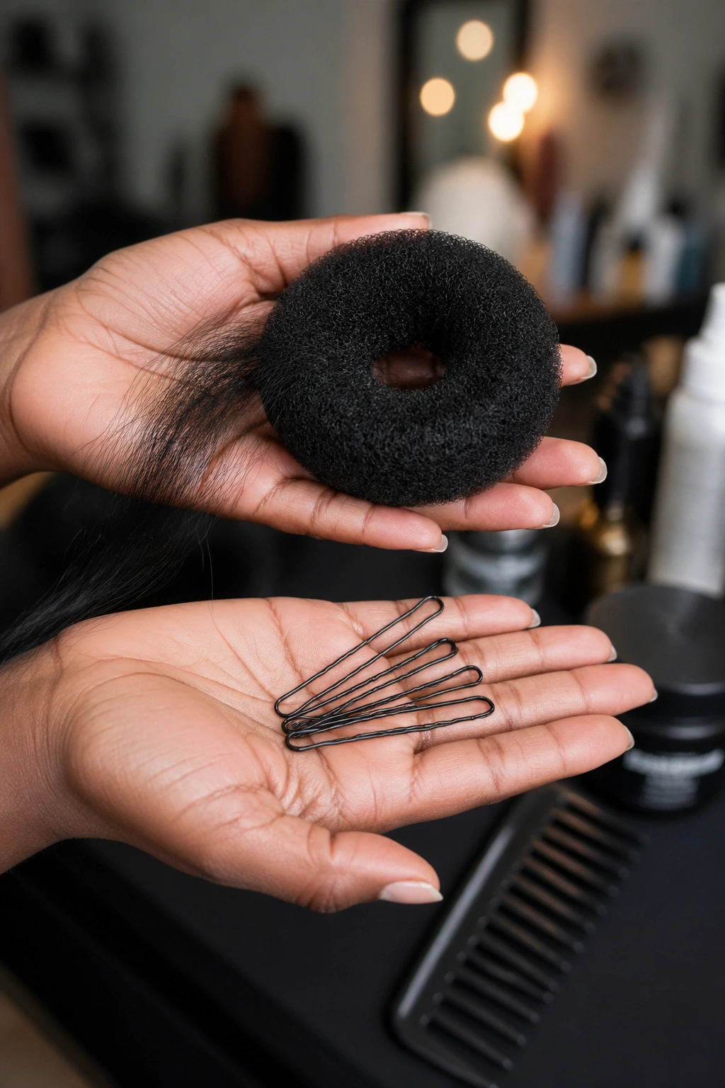 Hands holding bun tools including U-pins and a bun donut