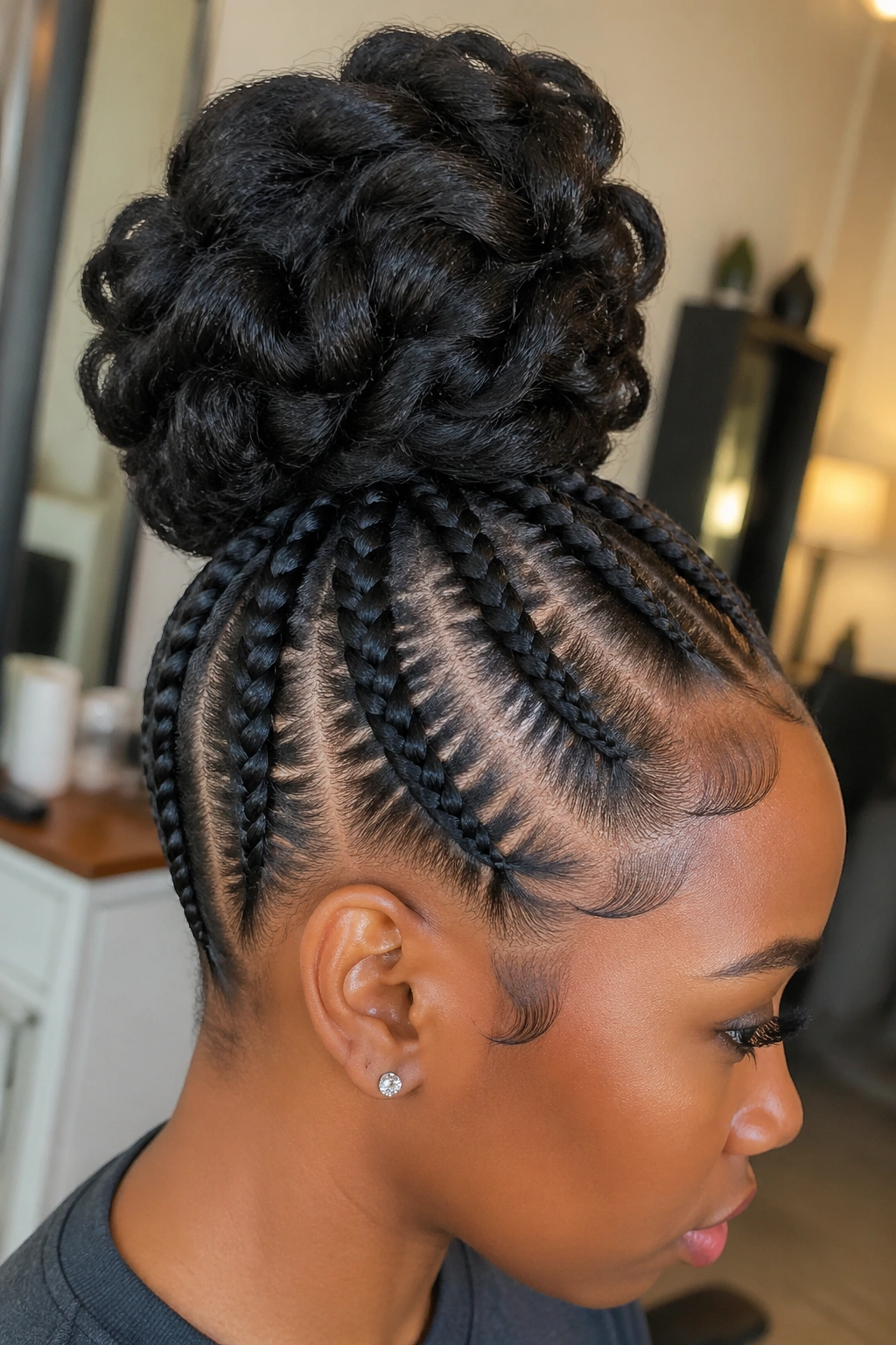 Portrait of a person with a large voluminous cornrow bun