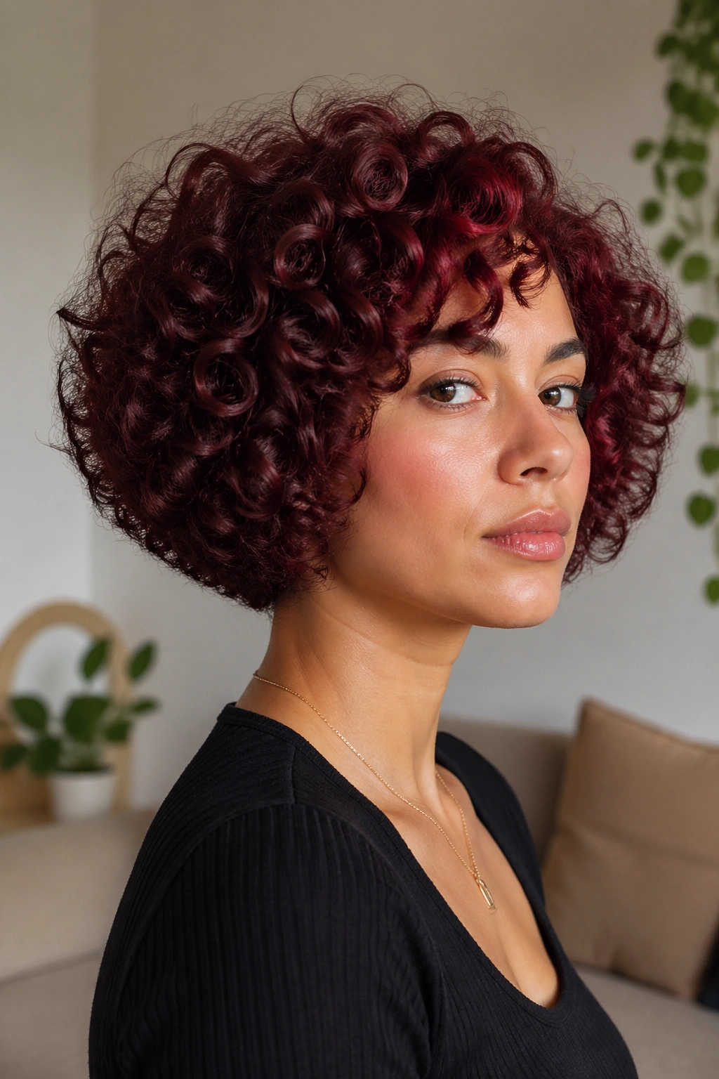 Close-up portrait of a real woman with burgundy curly bob and rounded shape