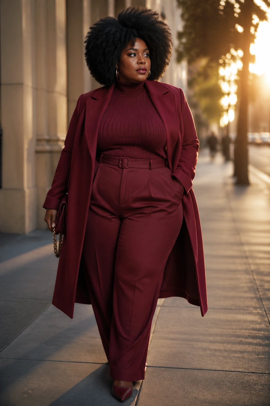 Head-to-toe burgundy monochrome outfit on real woman with afro