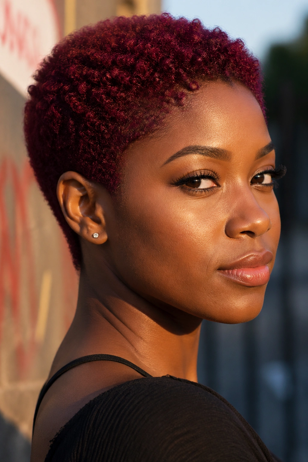 Close-up of a person with burgundy all-over TWA in sunlit light