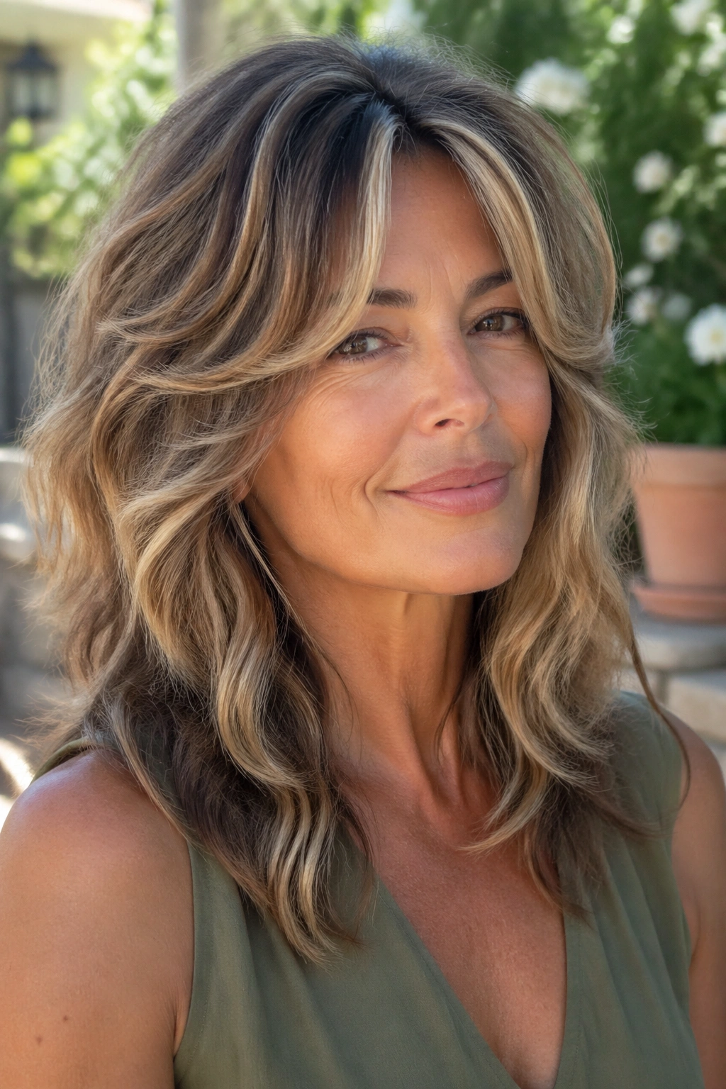 Close-up of a woman with butterfly cut featuring shorter top layers and longer underneath