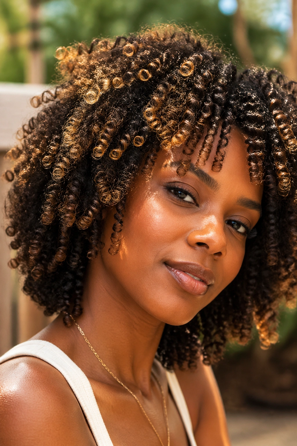 Close-up of dark natural curls with caramel blonde highlights in warm light