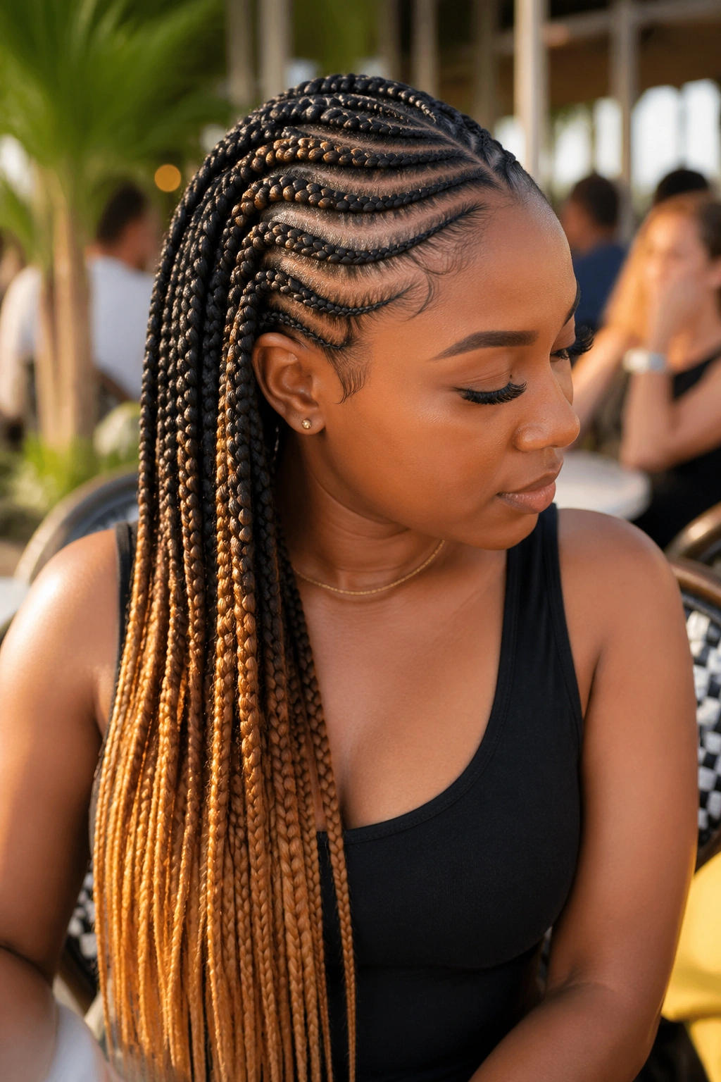 Close-up of a real person with warm ombre and caramel highlights in cornrows