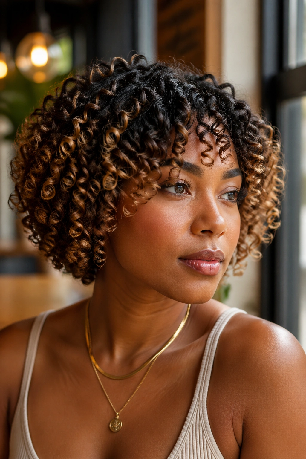 Close-up of a caramel ombre on a short curly bob.