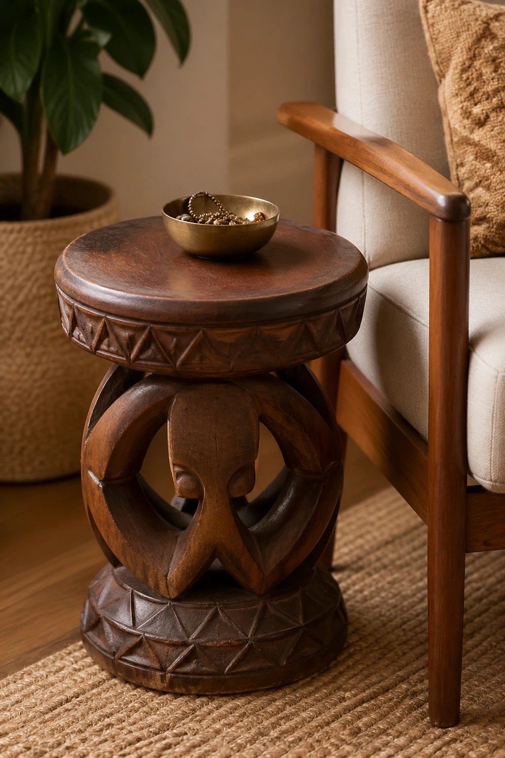 Hand-carved wooden stool with brass bowl on top beside chair