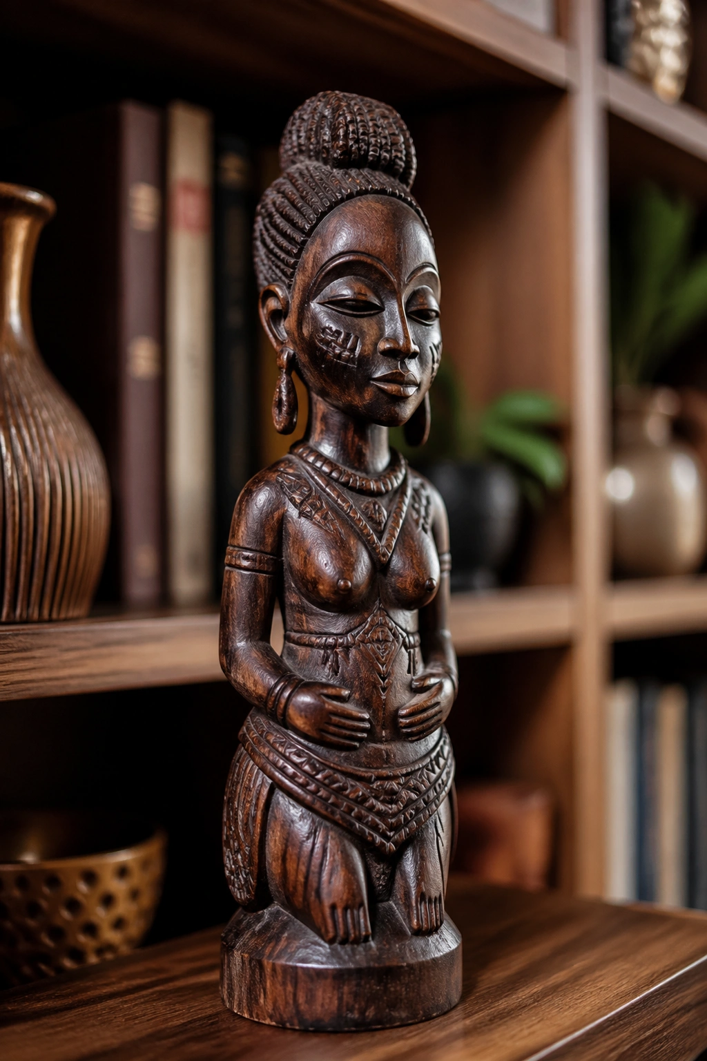 Close-up of a carved wooden figurine on a bookshelf