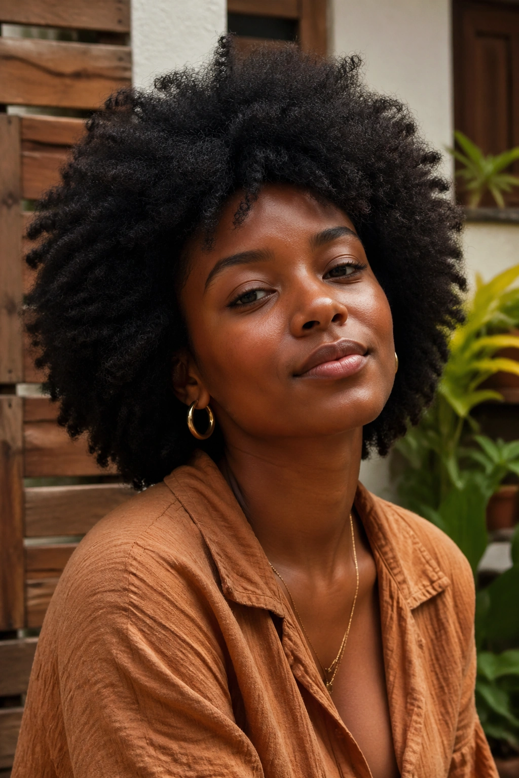 Close-up portrait of a real woman with natural afro wearing earthy casual Afro style clothing