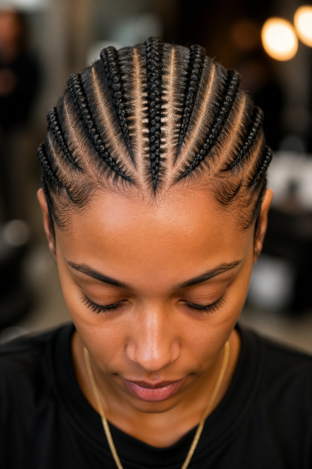 Close-up of center braid with symmetrical side braids on a real person