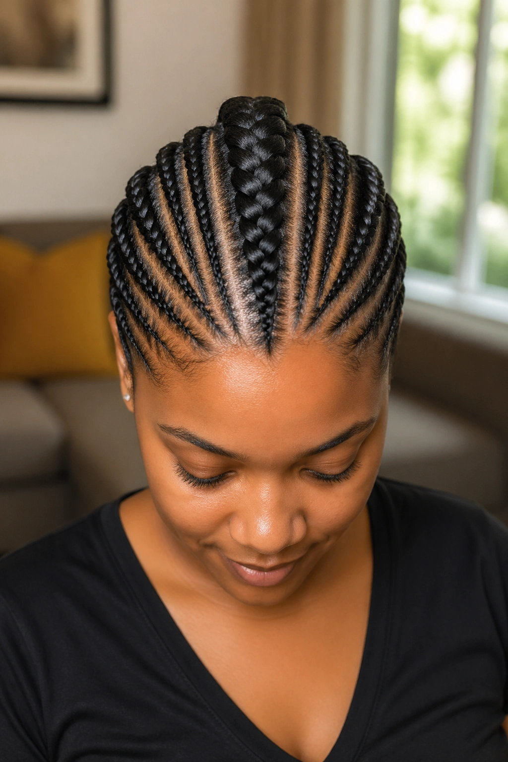 Close-up of center braid with flanking natural cornrows on a real person