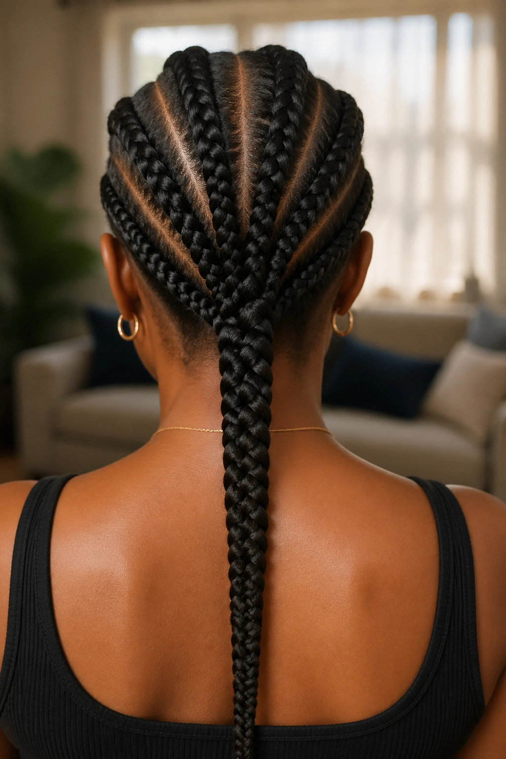 Back view of a real person with six cornrows ending in a thick center braid down the back.