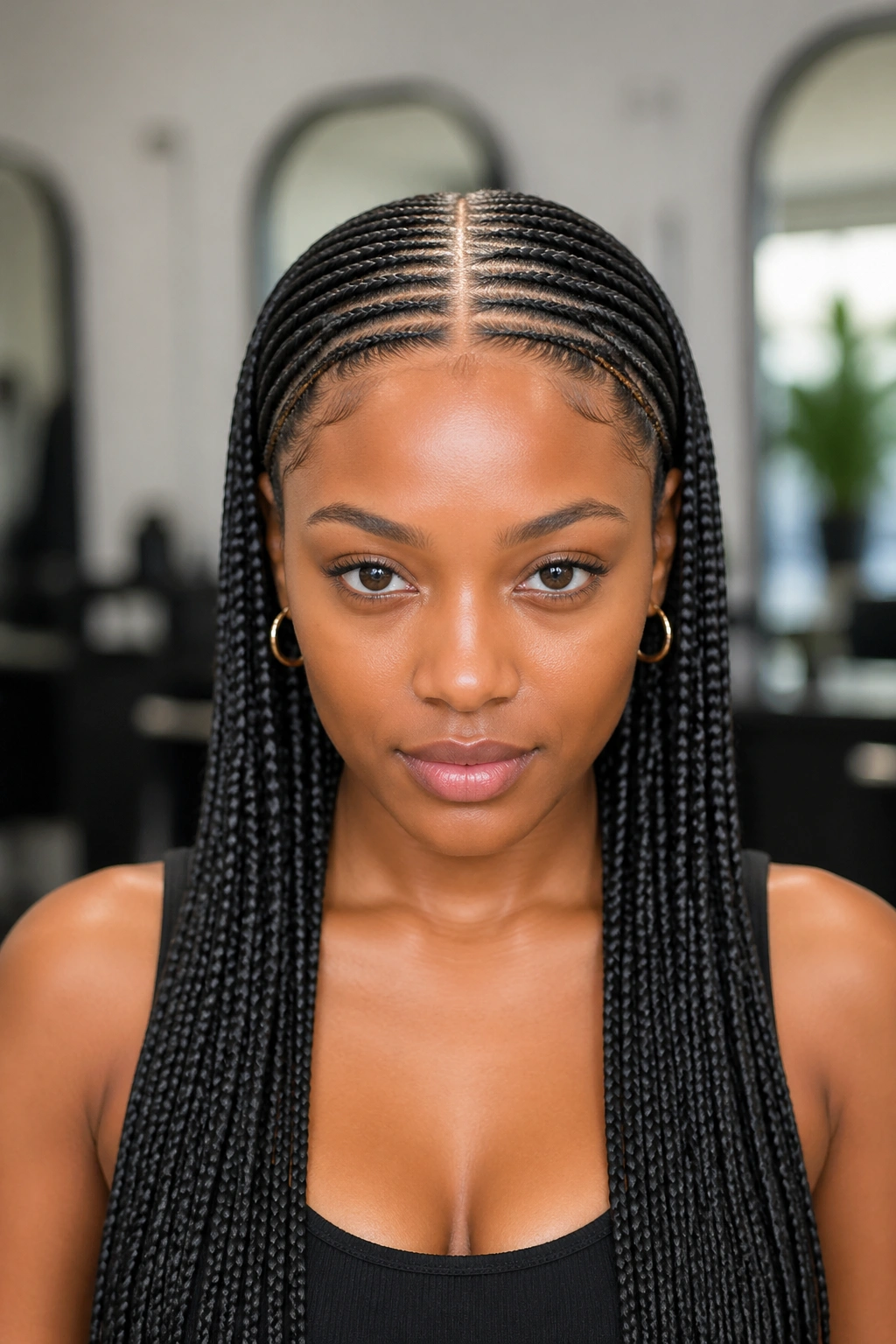 Close-up portrait of a real person with a precise center-part and symmetrical cornrows.