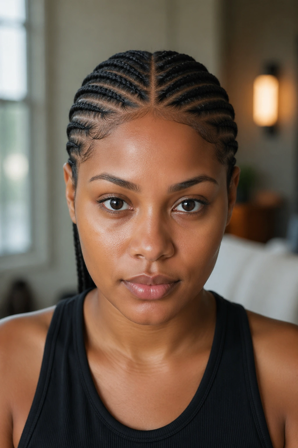 Close-up portrait of a real woman with straight-back cornrows and a center part.