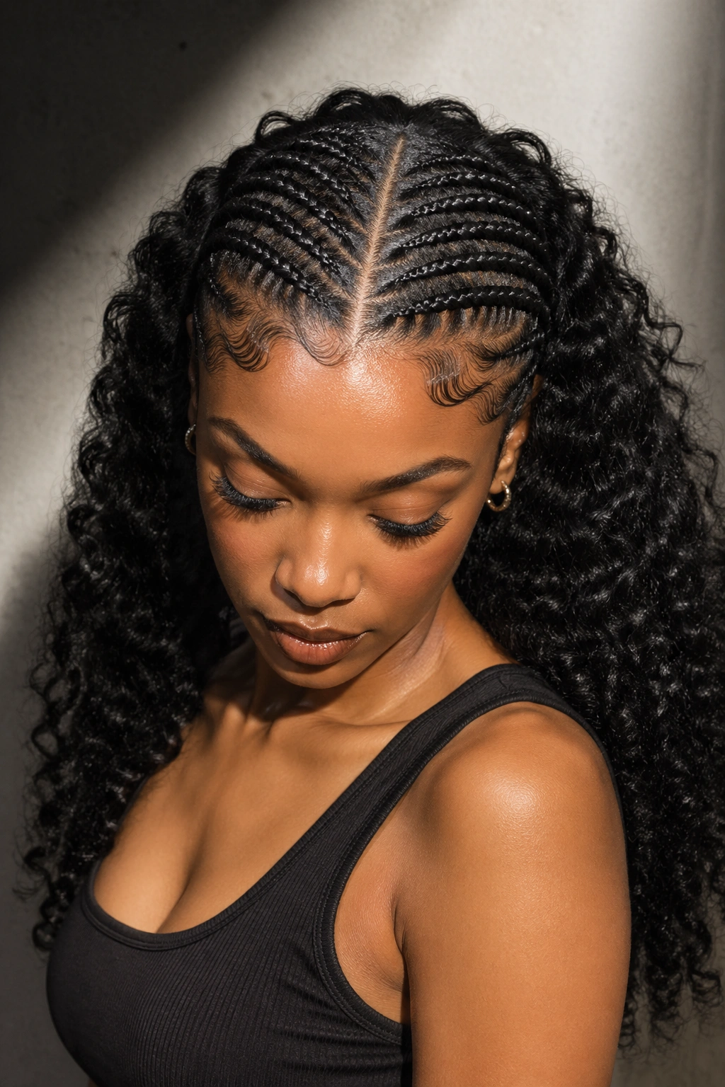 Portrait of a person with dramatic center-part cornrows and balanced curly back.