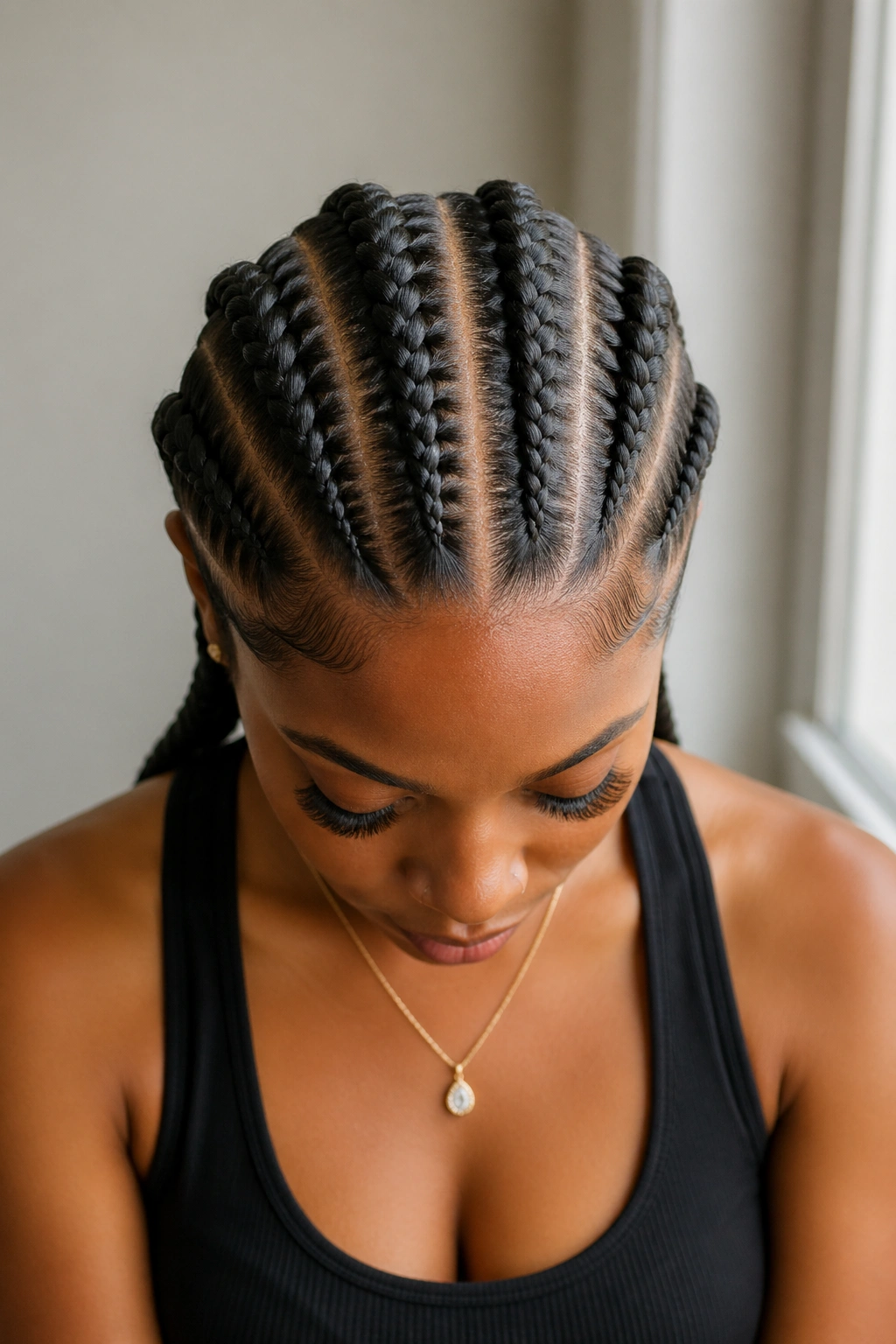 Close-up of a real person with a center-part cornrow hairstyle.