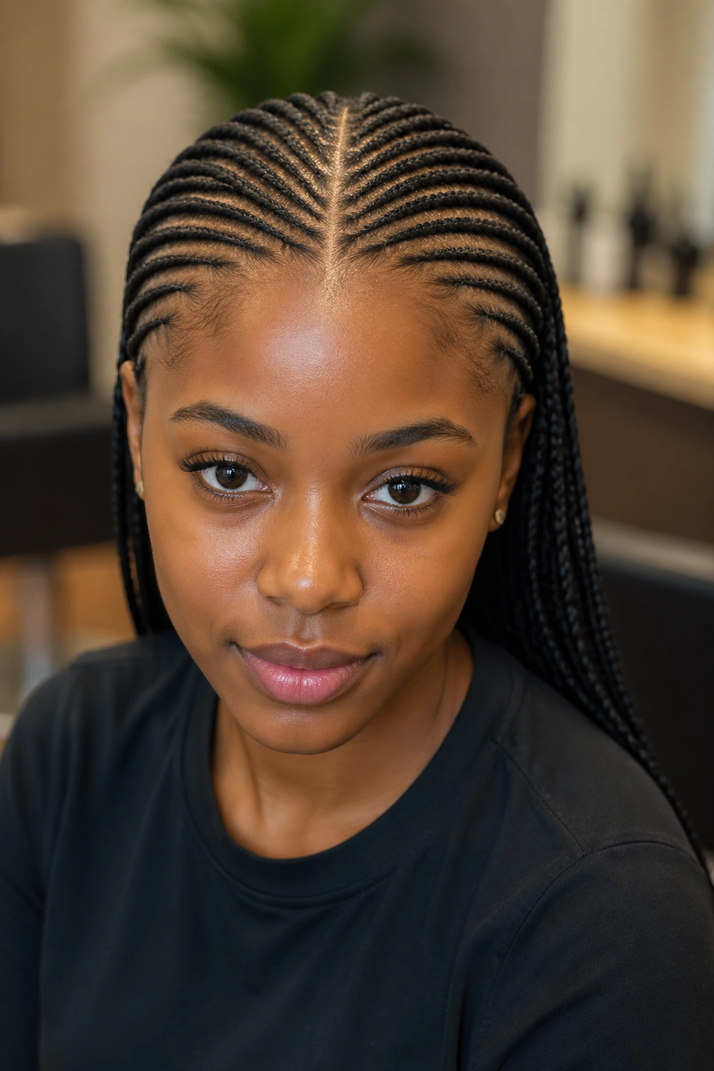 Close-up of a real person with a center-part of twenty small cornrows