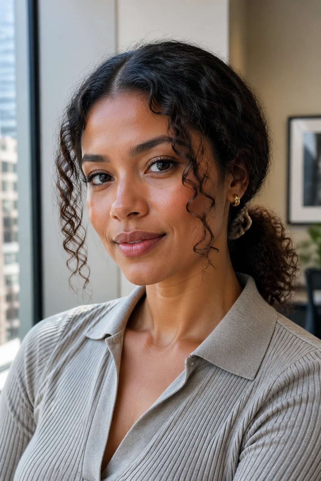 Portrait of a real woman with a center-part low ponytail