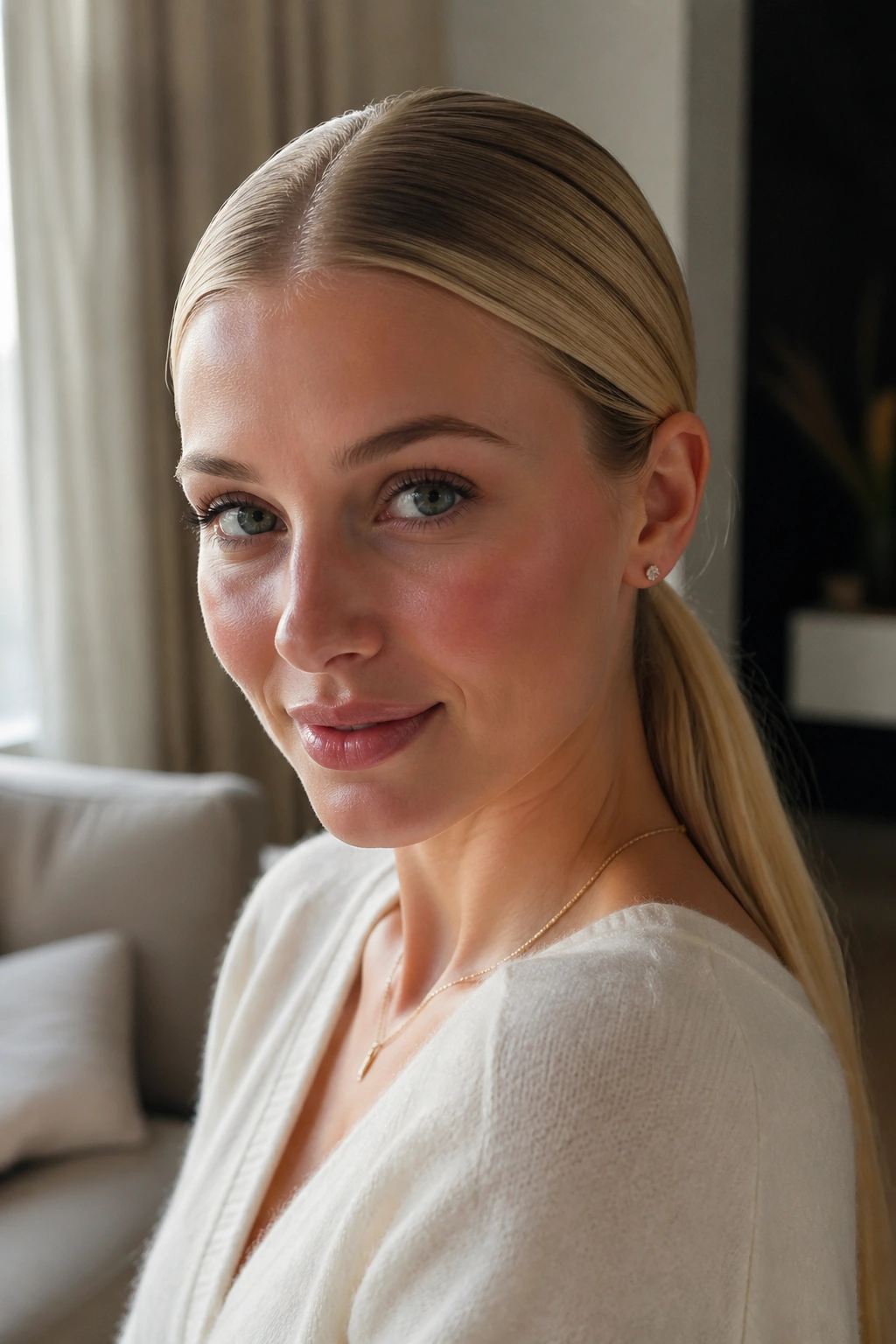 Close-up portrait of a real woman with a sleek center-part blonde low ponytail.