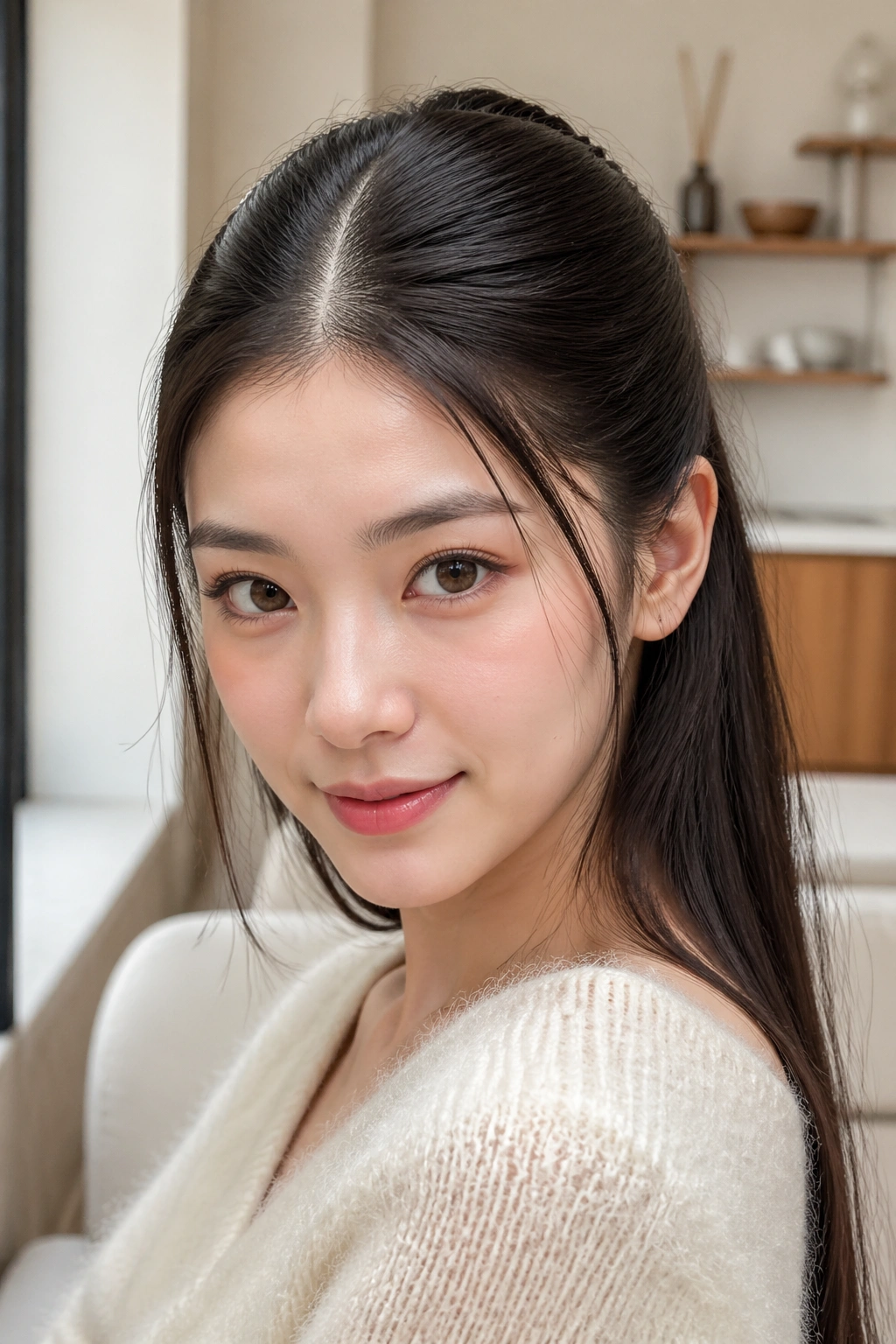 Real woman with a minimalist center-part half ponytail in natural light